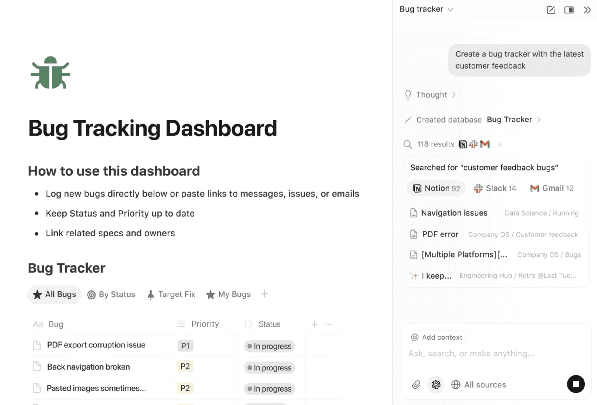 Notion AI, creating a bug tracking dashboard