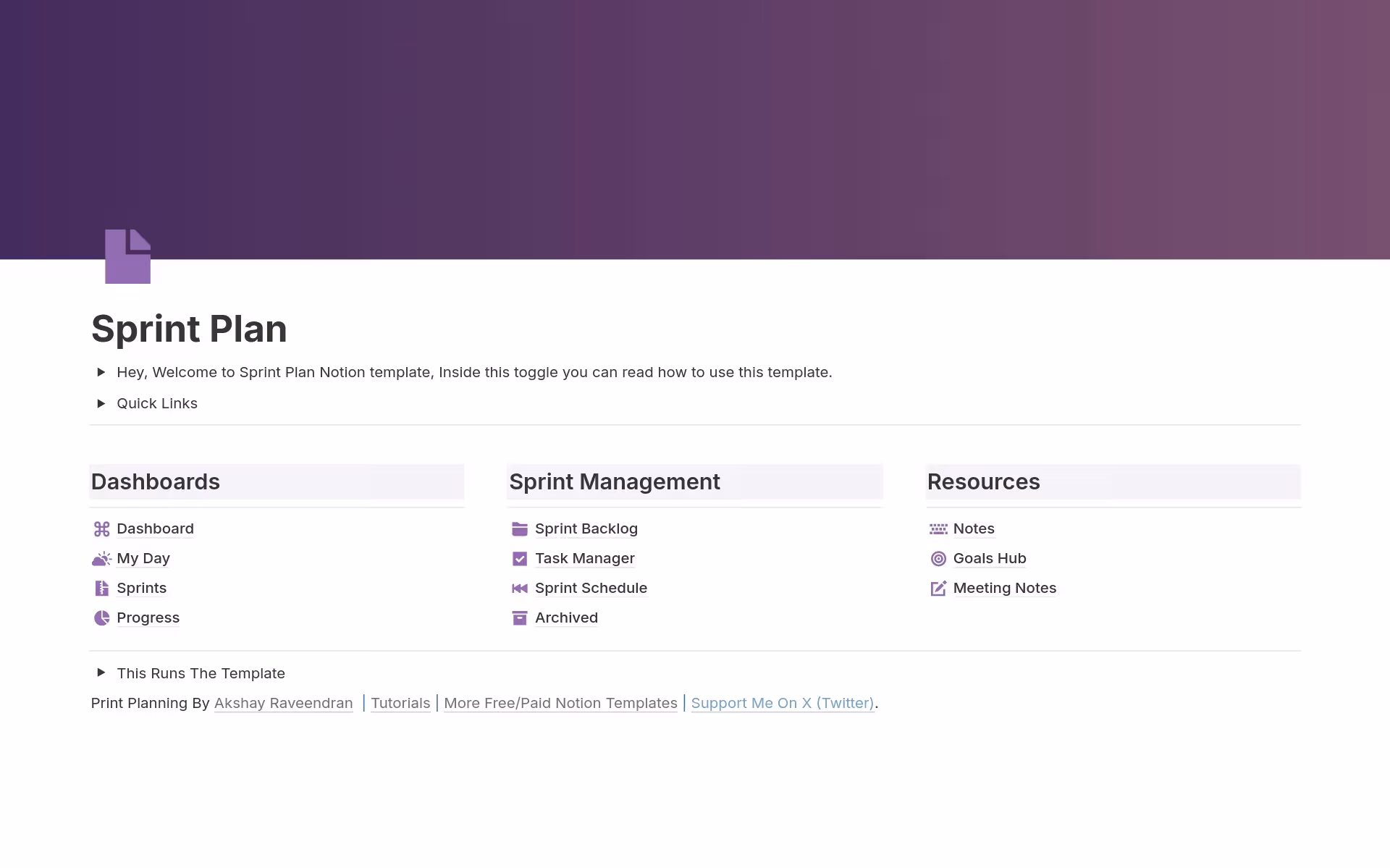 Notion’s sprint plan template, which provides a dashboard, sprint management, and resources
