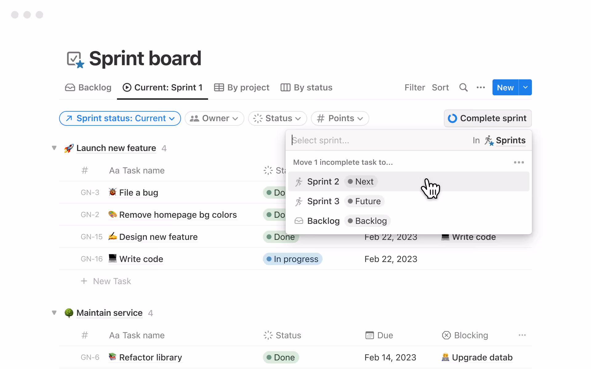 A sample sprint board in Notion